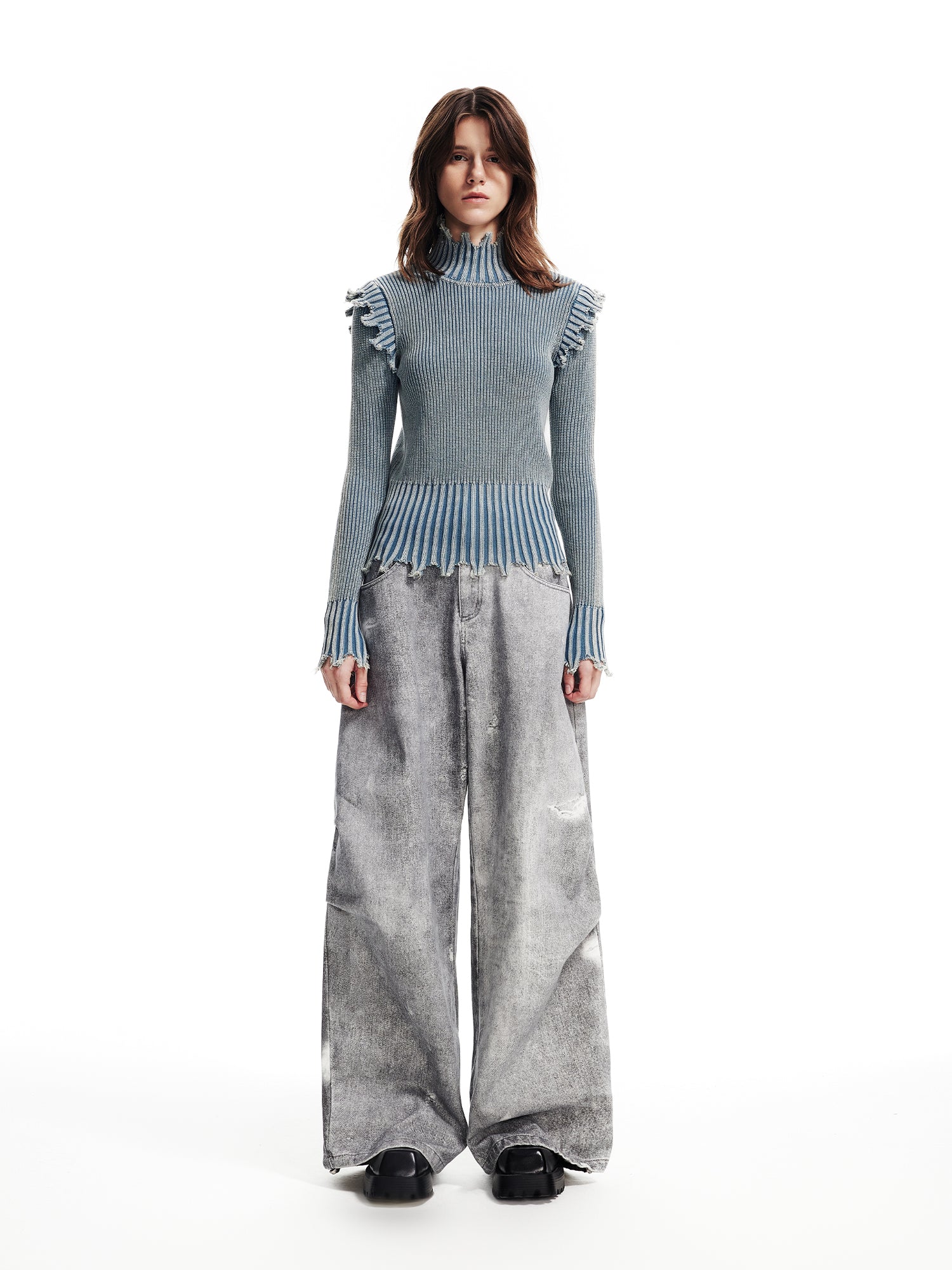 WASHED DENIM WIDE-LEG PANTS WITH HOLES