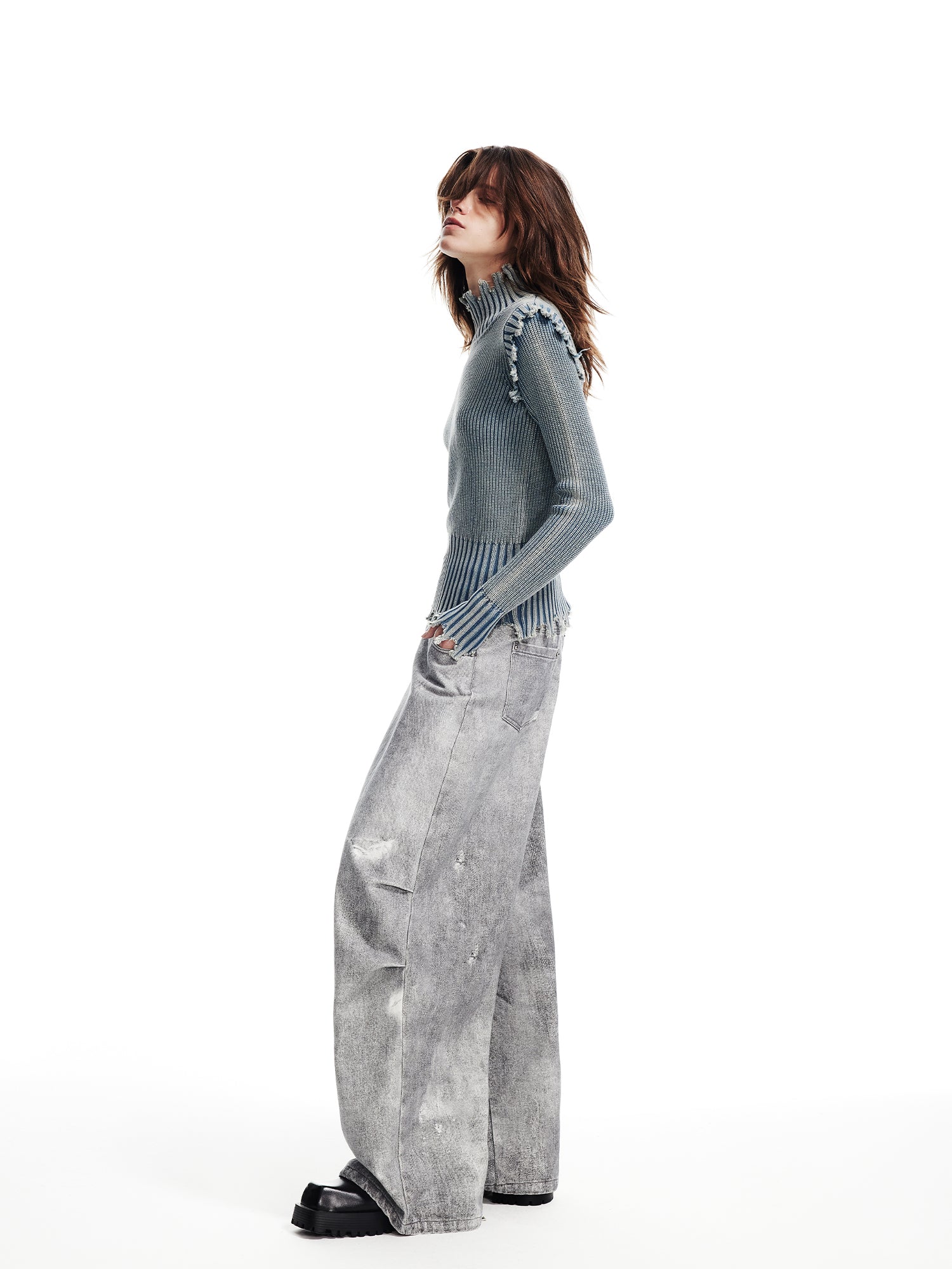 WASHED DENIM WIDE-LEG PANTS WITH HOLES