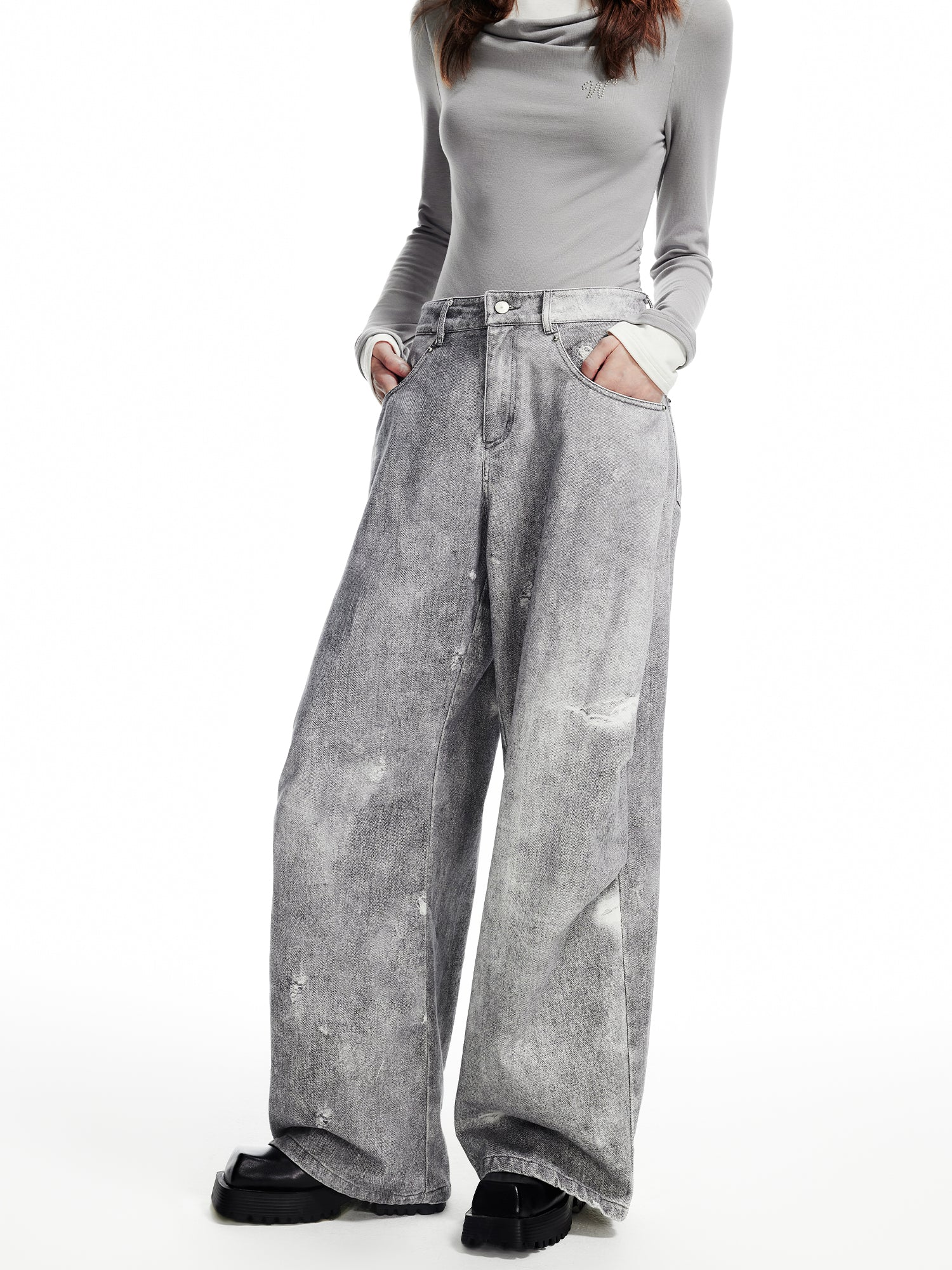 WASHED DENIM WIDE-LEG PANTS WITH HOLES