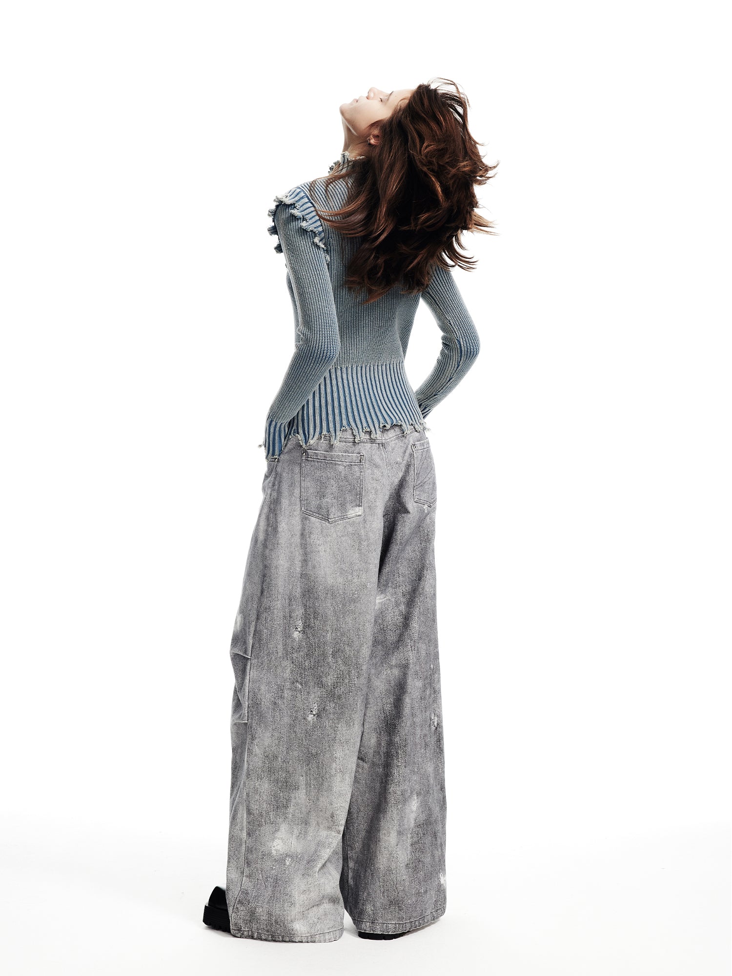 WASHED DENIM WIDE-LEG PANTS WITH HOLES