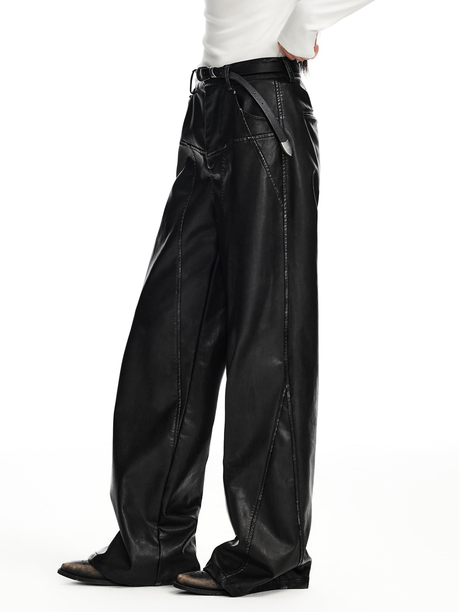 BLACK WASHED LEATHER PANTS