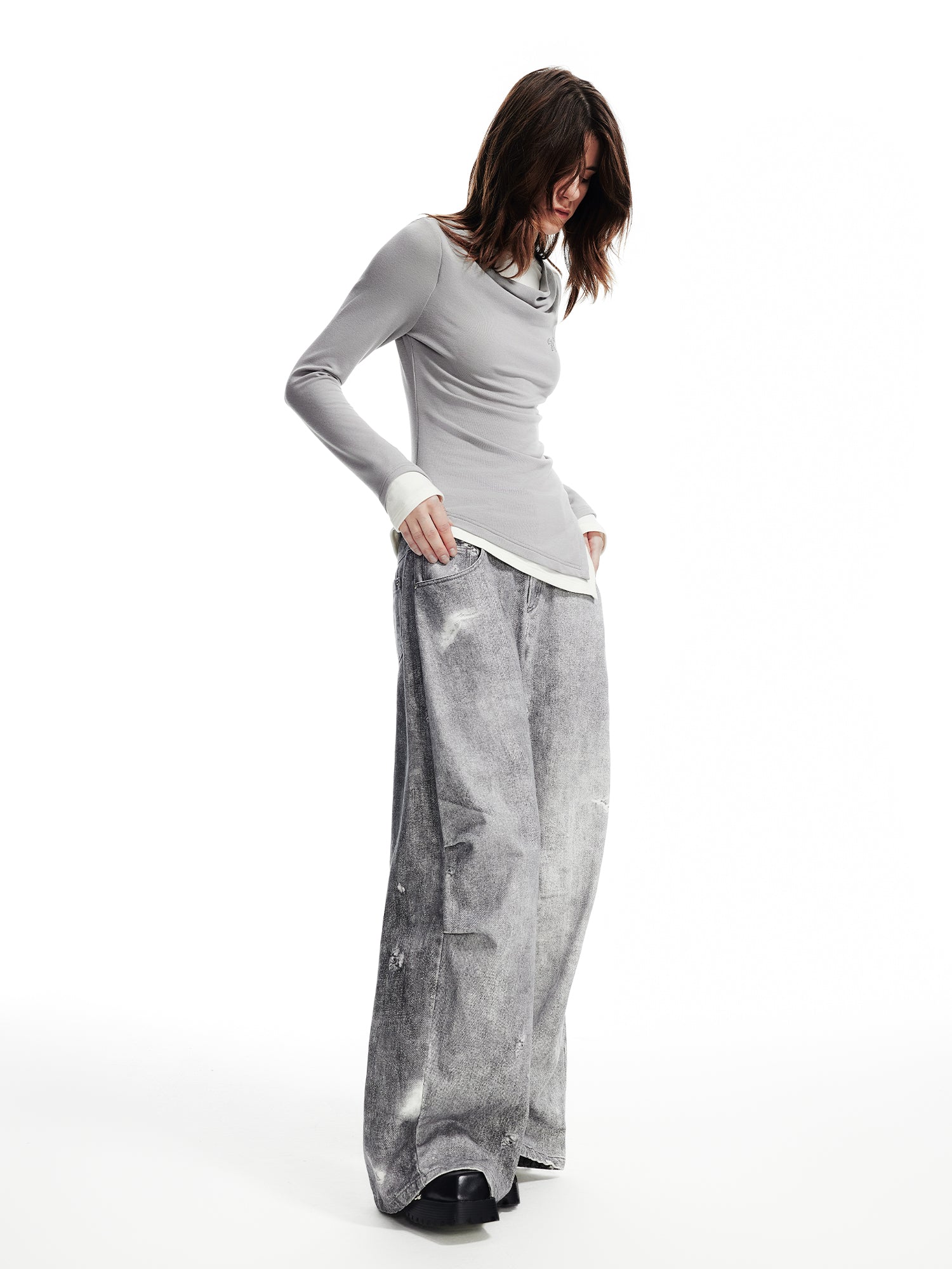 WASHED DENIM WIDE-LEG PANTS WITH HOLES