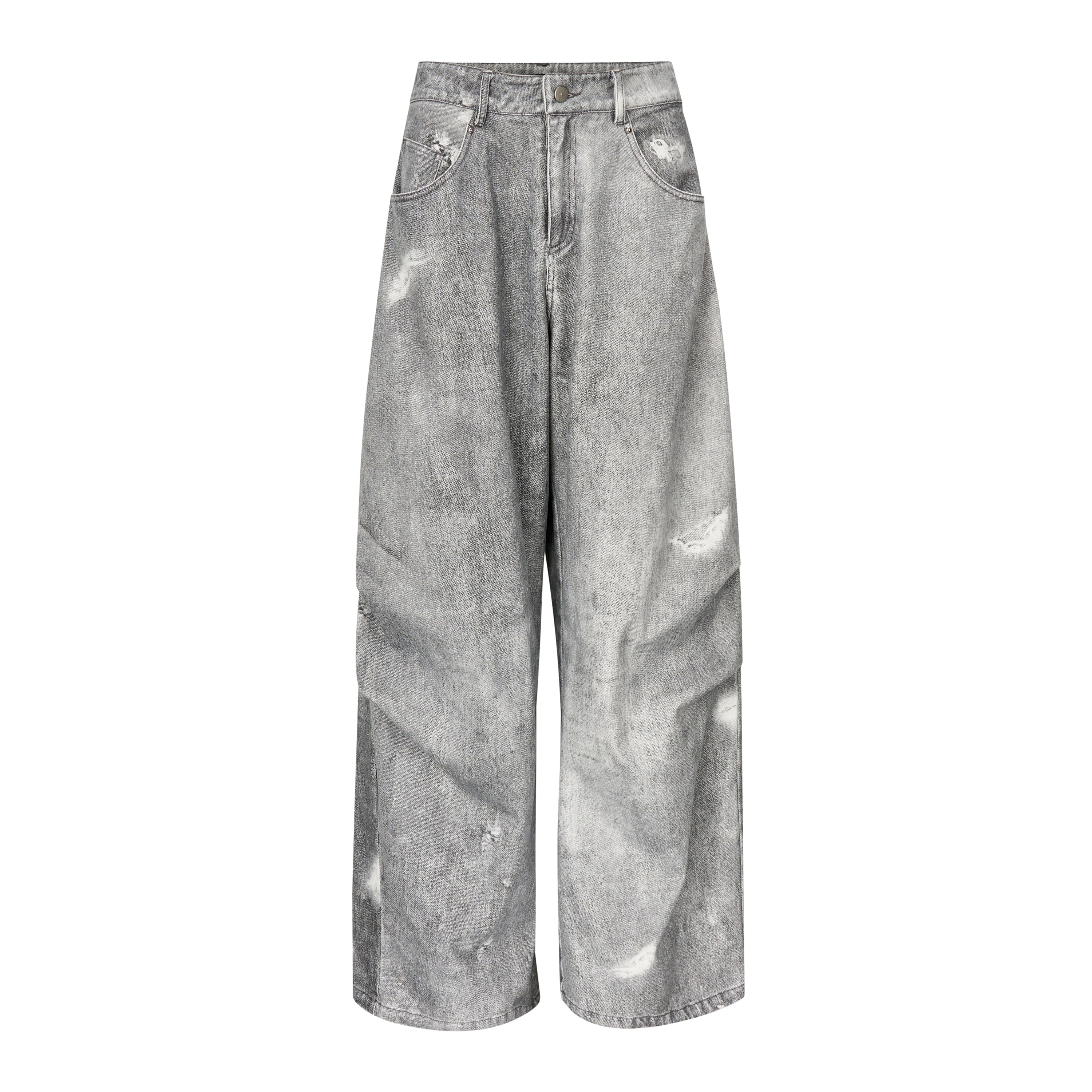 WASHED DENIM WIDE-LEG PANTS WITH HOLES