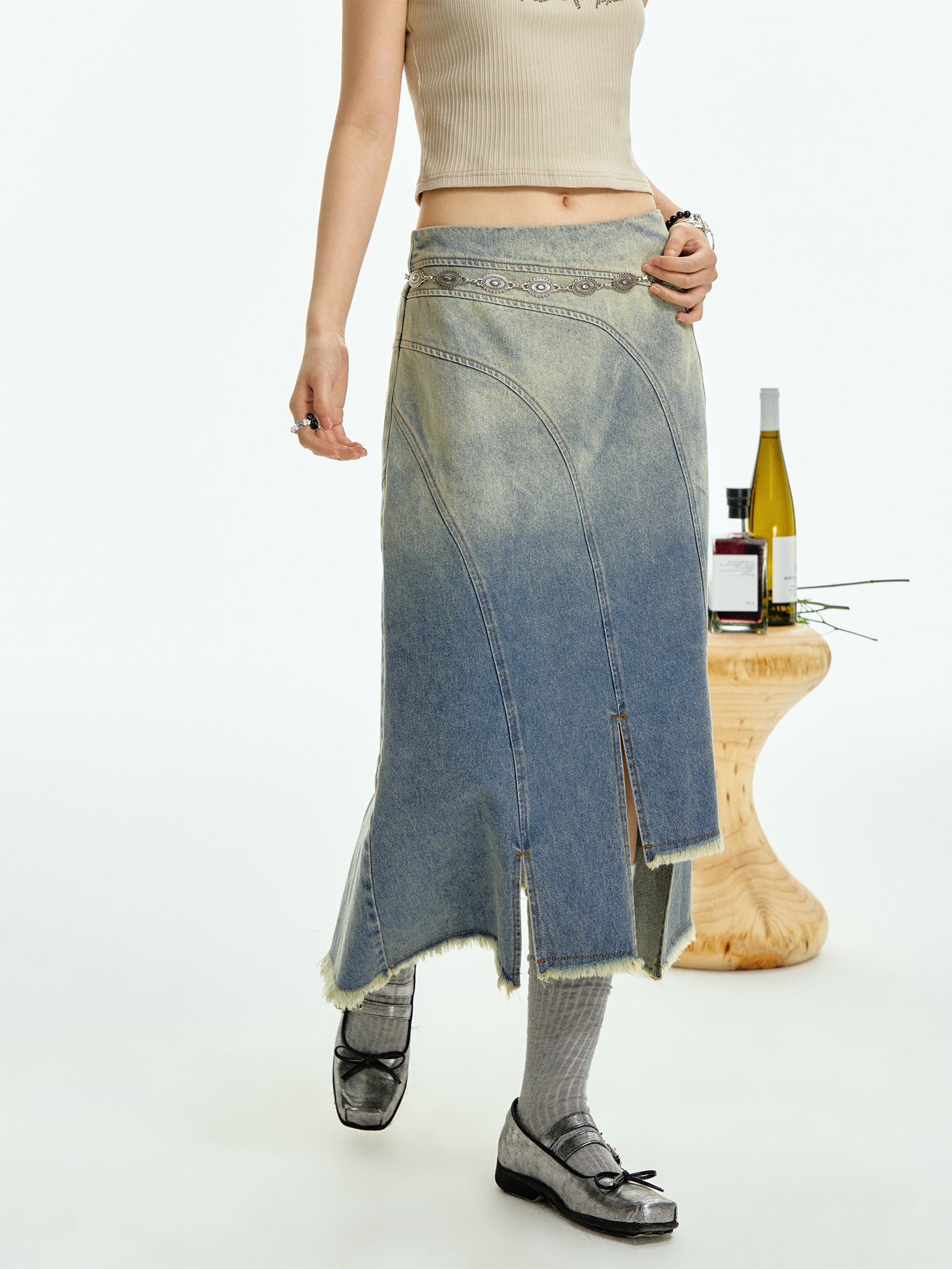 WASH JEANS FRINGED IRREGULAR SKIRT