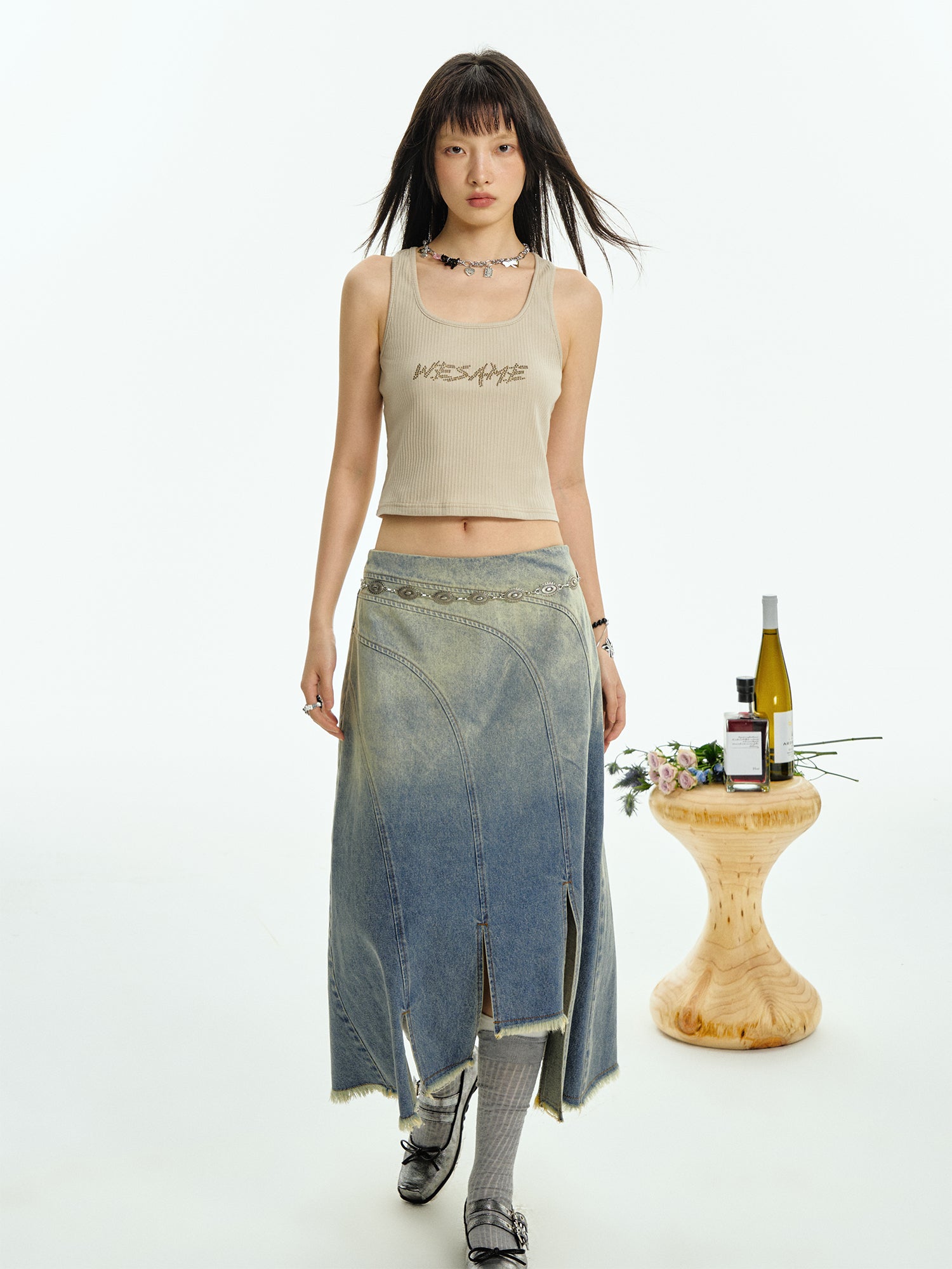 WASH JEANS FRINGED IRREGULAR SKIRT