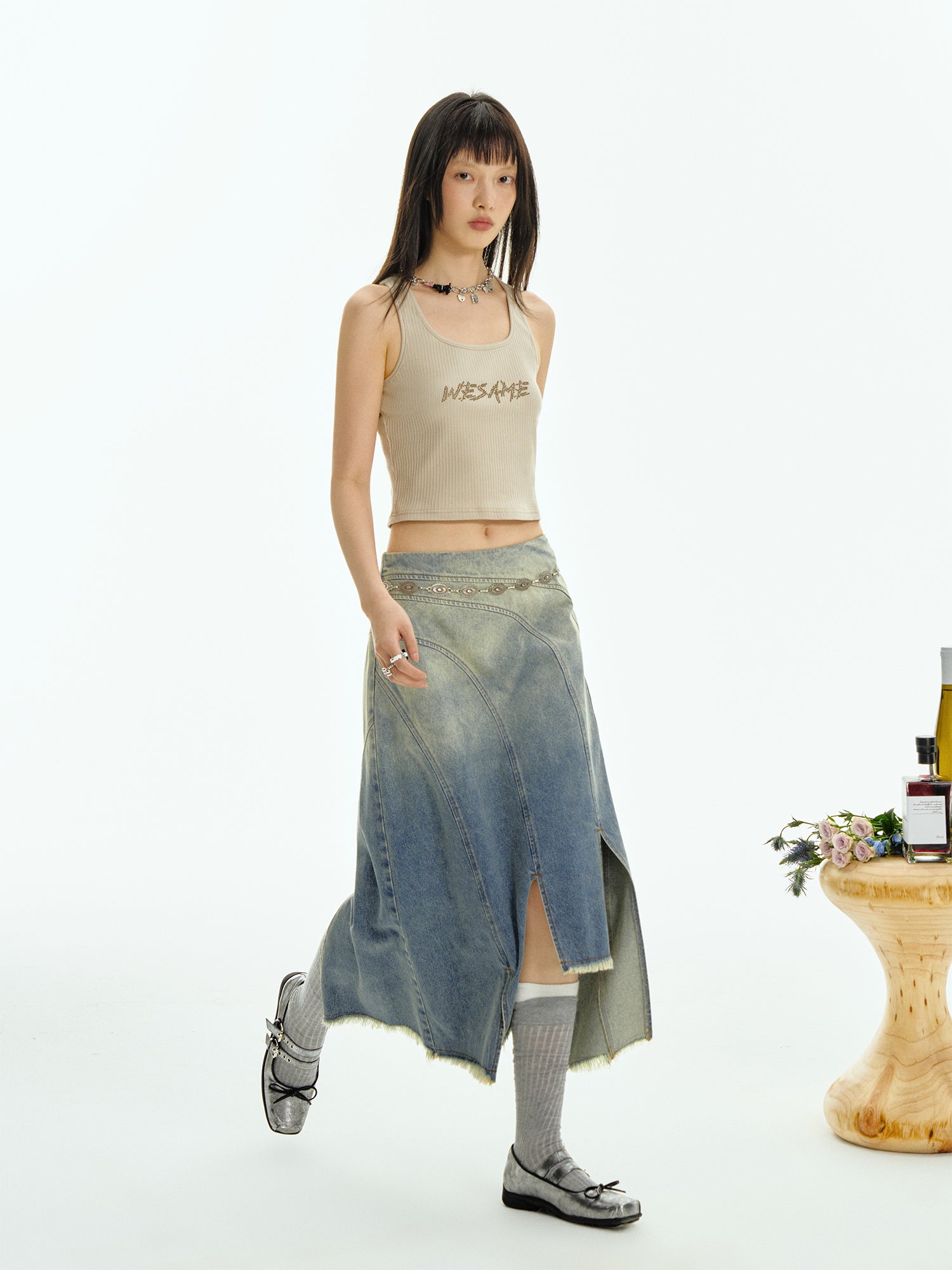 WASH JEANS FRINGED IRREGULAR SKIRT