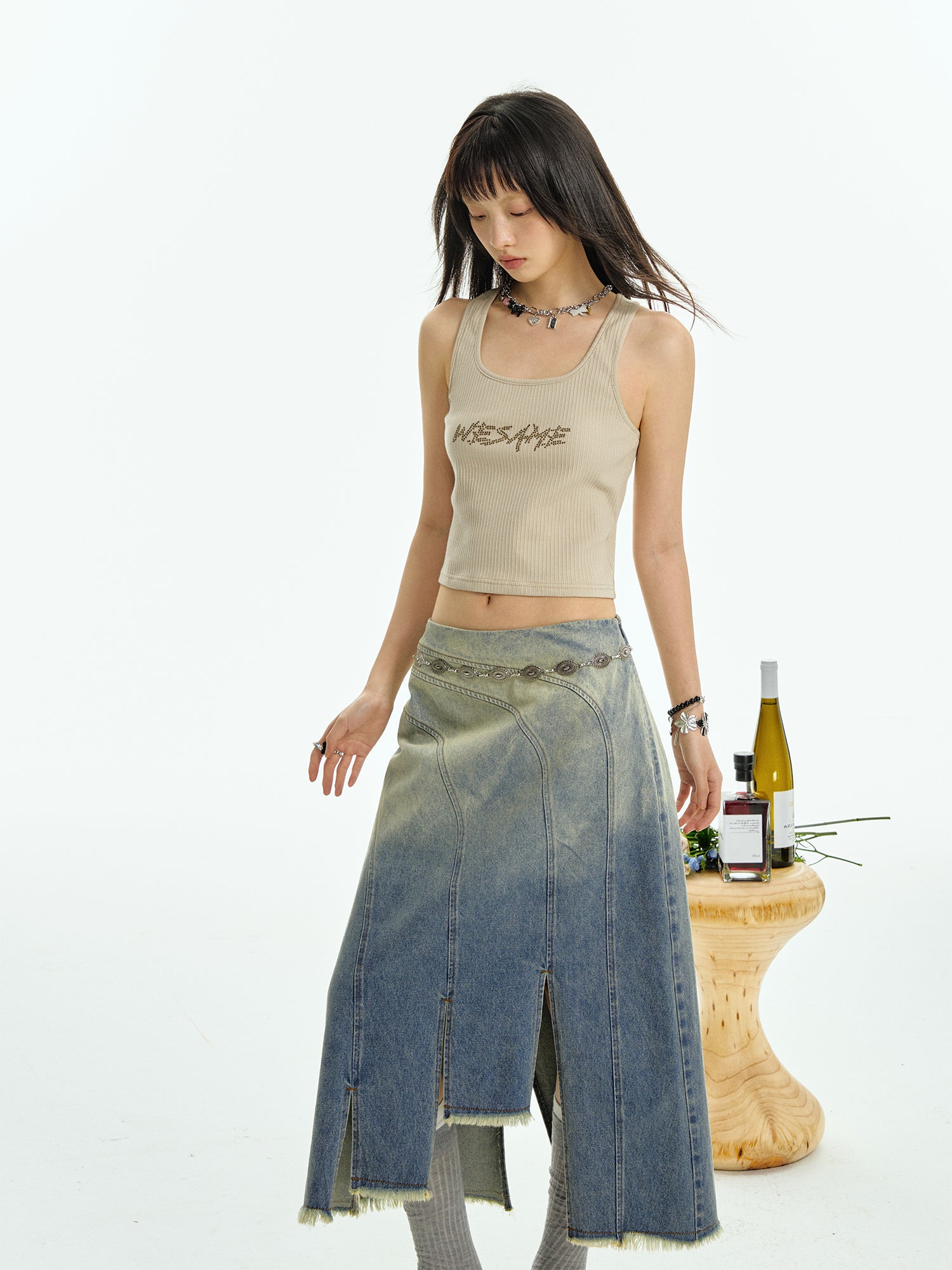 WASH JEANS FRINGED IRREGULAR SKIRT