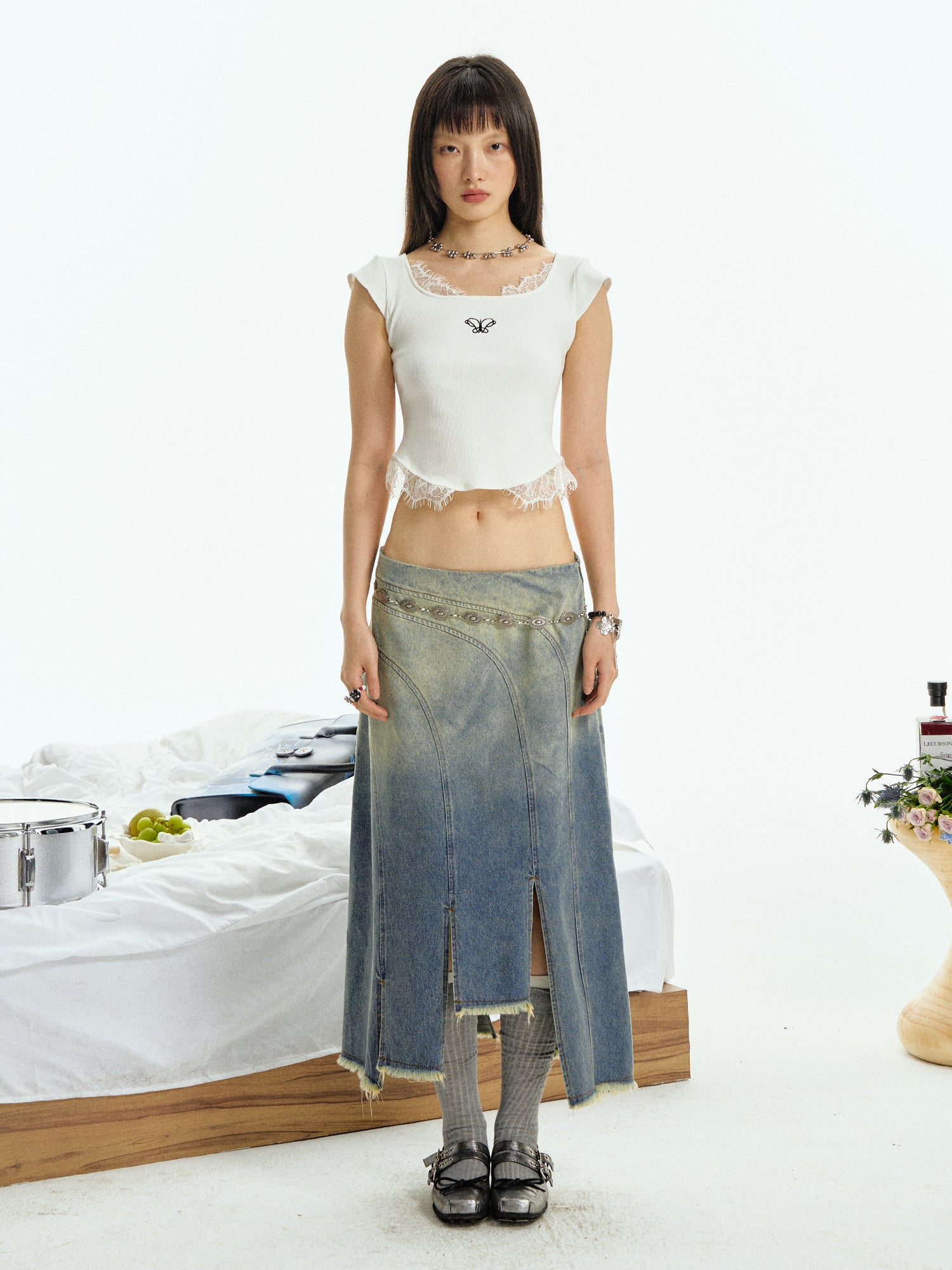 WASH JEANS FRINGED IRREGULAR SKIRT