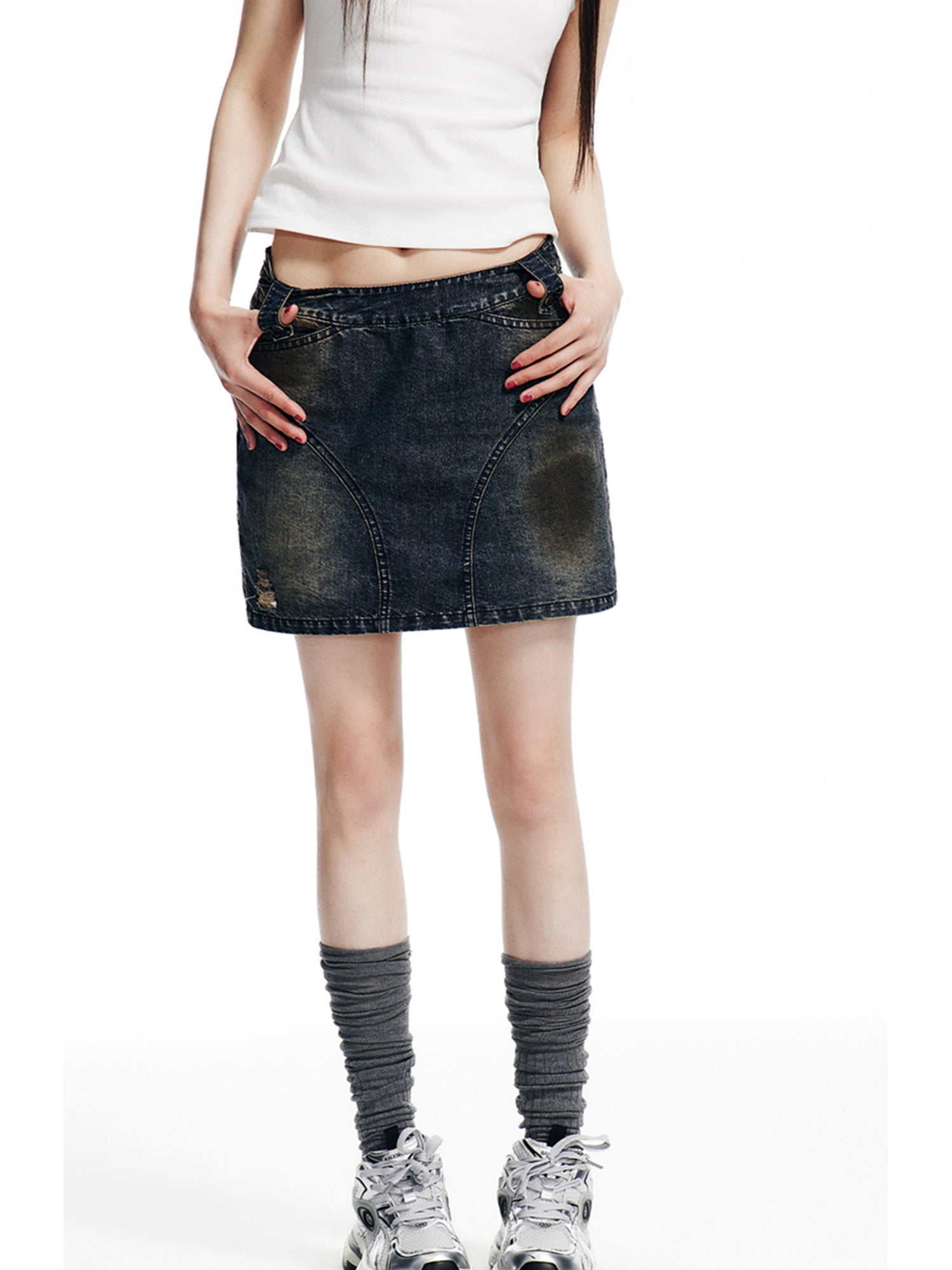 BRUSHED AND WASHED DENIM SKIRT